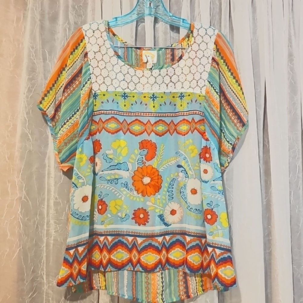 Fig & Flower Womens Blouse Top Sheer Floral Striped Size XL Boho Peasant Lace
